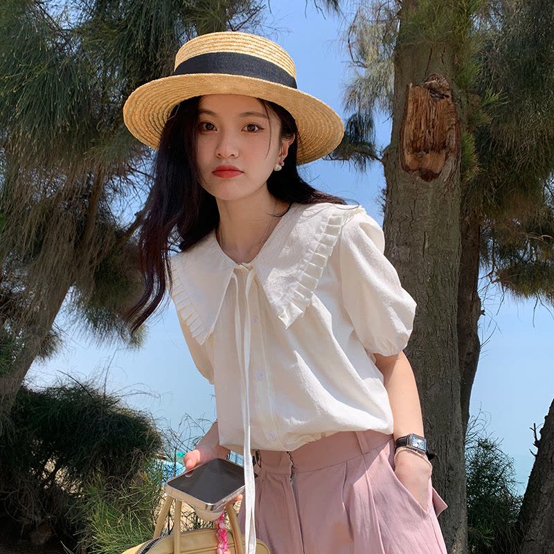 2022夏季新款韩版大翻领显瘦娃娃衫衬衫上衣女图片