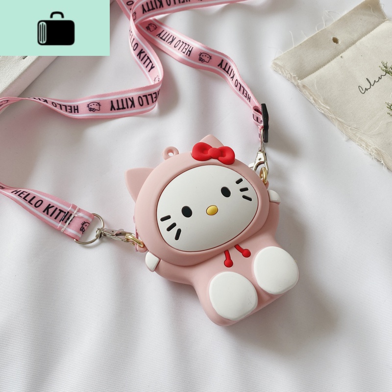 儿童可爱卡通潮硅胶KT猫零钱包少女心耳机包卡包小包斜跨包单肩包NEW LAKE 全身猫咪粉色