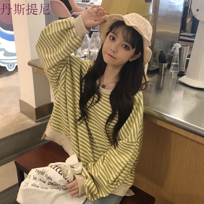 秋季女装韩版学院风条纹套头卫衣学生宽松圆领长袖休闲上衣外套潮