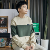唐狮春秋冬季新款拼接圆领卫衣男士加绒宽松套头外套上衣服潮