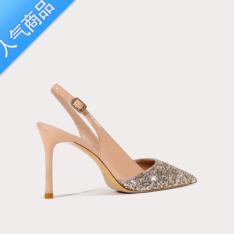 SUNTEK裸色高跟凉鞋女尖头2023年新款夏气质小众设计感单鞋细跟婚鞋图片