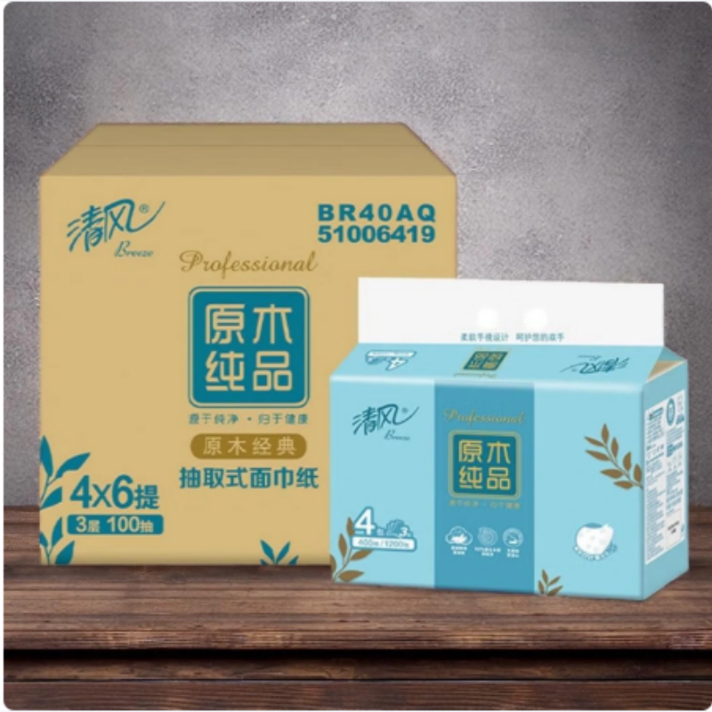 清风 原木纯品3层100抽四叶草压花抽纸 4包*6提整箱装高清大图