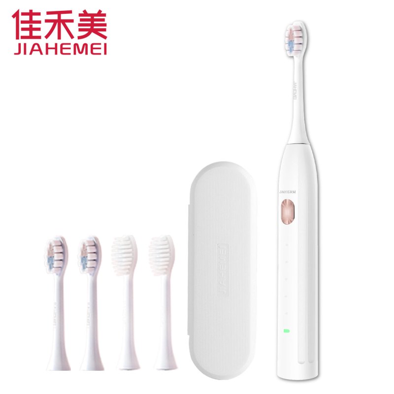 佳禾美电动牙刷成人充电式声波自动软毛刷头牙结石洁牙器礼盒2只装学生党情侣套装男女式款 时尚白[4支刷头+旅行收纳盒]