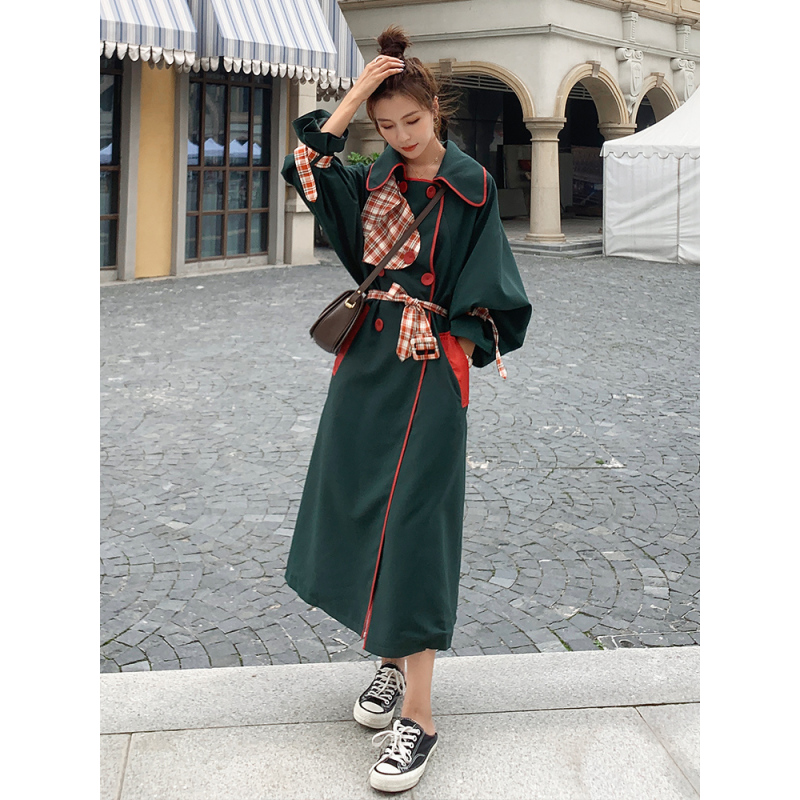 艳如飞粉色格子风衣外套女中长款过膝气质女范2020新款春装英伦风大衣风衣