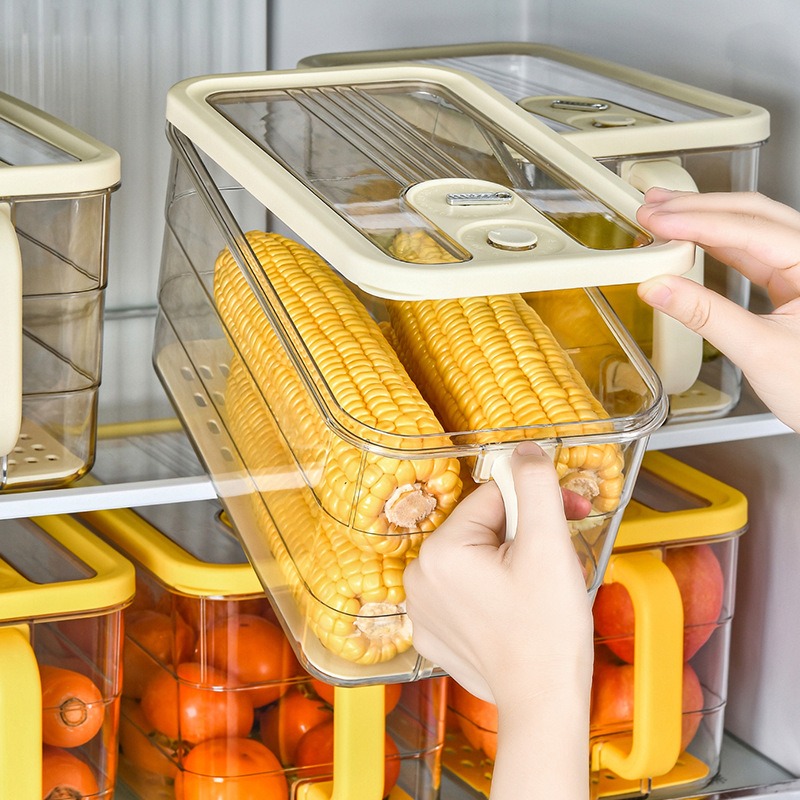 华普思食品级冰箱收纳盒计时密封保鲜盒大容量水果蔬菜冷藏盒带手柄沥水小号黄色(约4L)配沥水隔板+可拆卸手柄高清大图