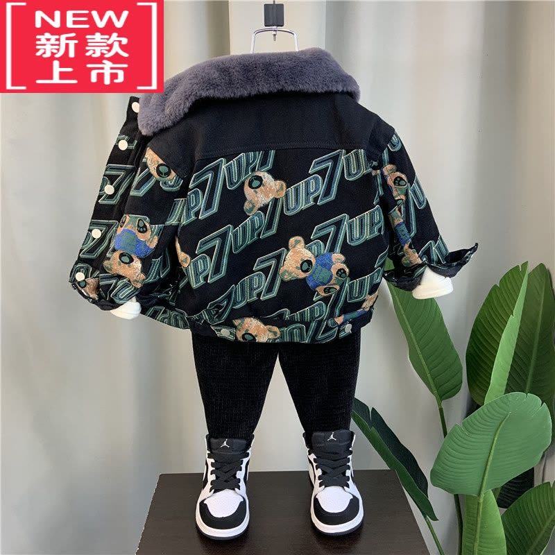 可莉允男童冬装加绒外套2022新款洋气宝宝冬季炸街棉衣男孩儿童加厚夹克棉服图片