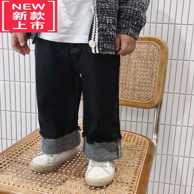 可莉允宝宝加绒牛仔裤2022冬装新款男童保暖休闲长裤小童韩版翻边直筒裤保暖裤图片