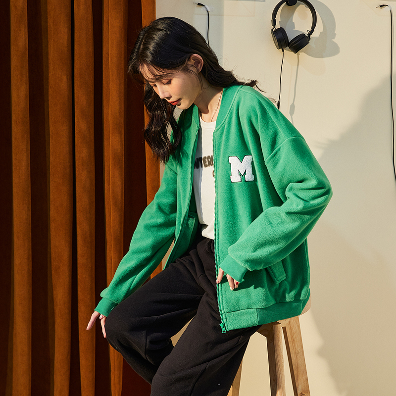 唐狮秋冬季外套女新款摇粒绒上衣左胸字母棒球服外套宽松百搭
