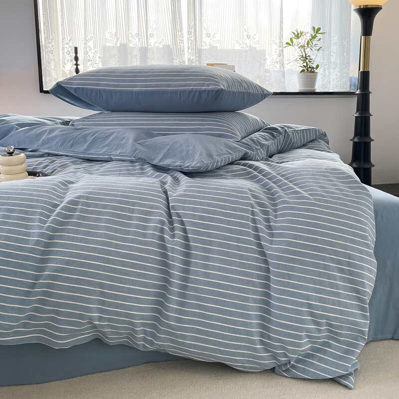 雅鹿 无印水洗全棉四件套 YLT2401 被套200*230cm 床单 240*245cm 枕套 48*74cm高清大图