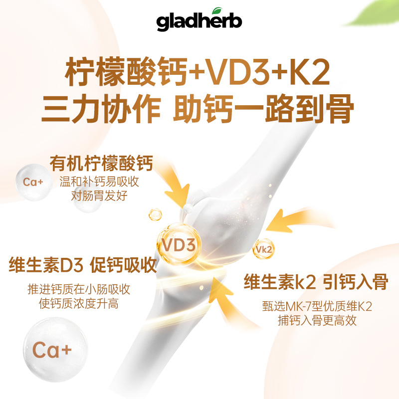 澳洲gladherb钙片含有机柠檬酸钙K2+VD3 60粒/瓶维生素矿物质 中老年补钙原装进口骨骼片成人孕妇哺乳期高清大图