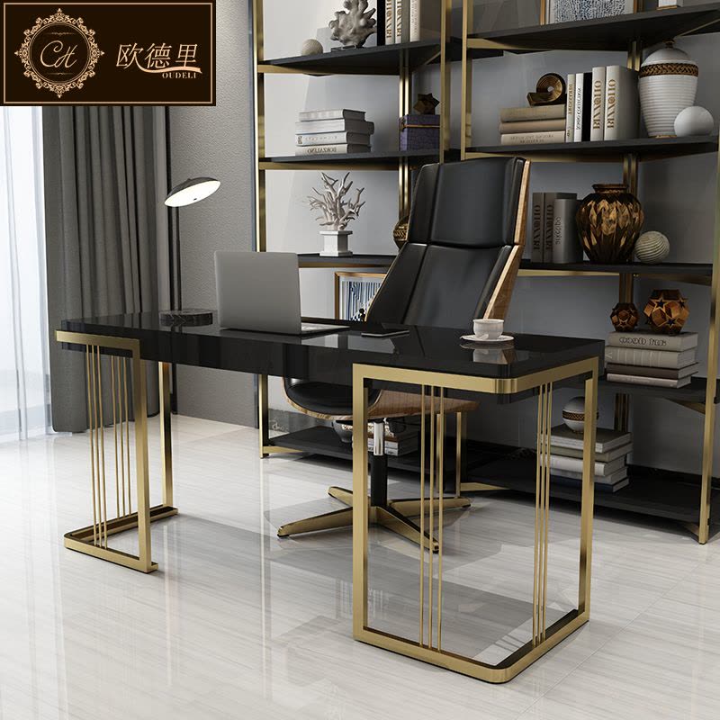 后现代轻奢书桌钢琴烤漆不锈钢电脑桌简约办公桌家用写字台图片