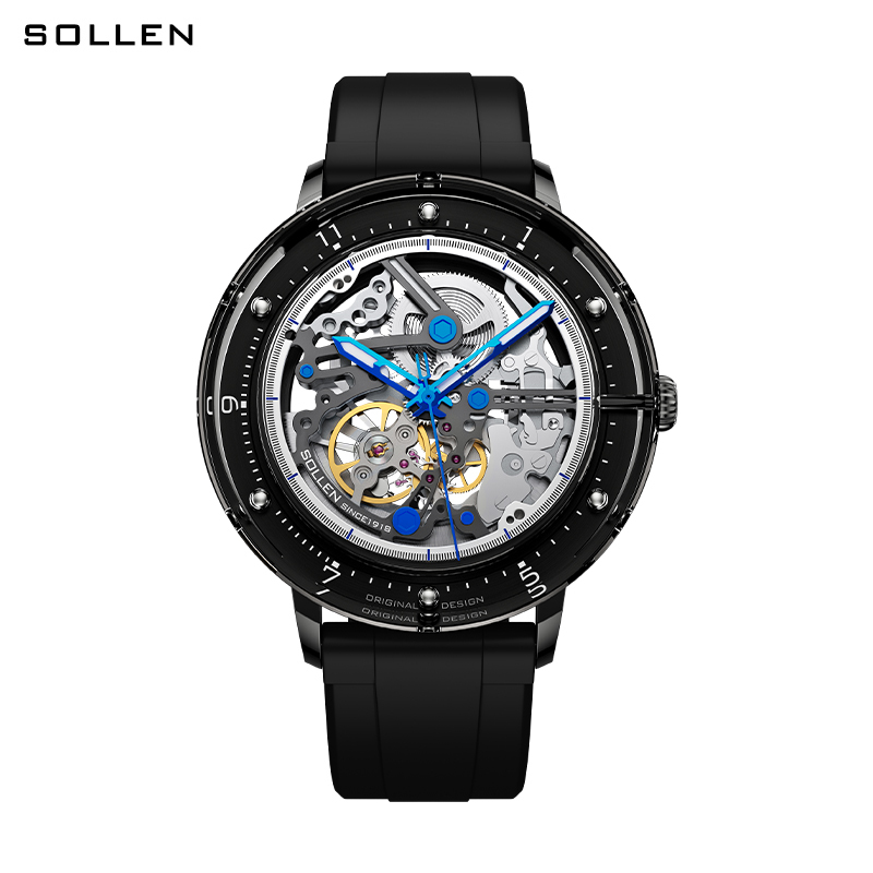 梭伦sollen手表男士玻璃机械表新概念国潮时尚防水运动镂空国产品牌