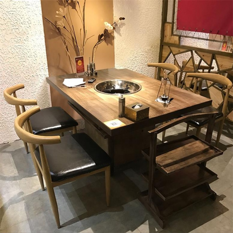 兮木餐厅大理石实木火锅桌椅组合无烟火锅桌子电磁炉一体4人定制商用