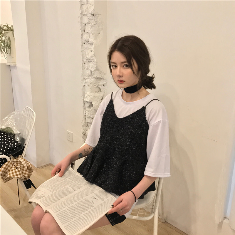 春夏女装韩版百搭V领娃娃衫荷叶边带衫短款外穿打底衫上衣背心红色均码