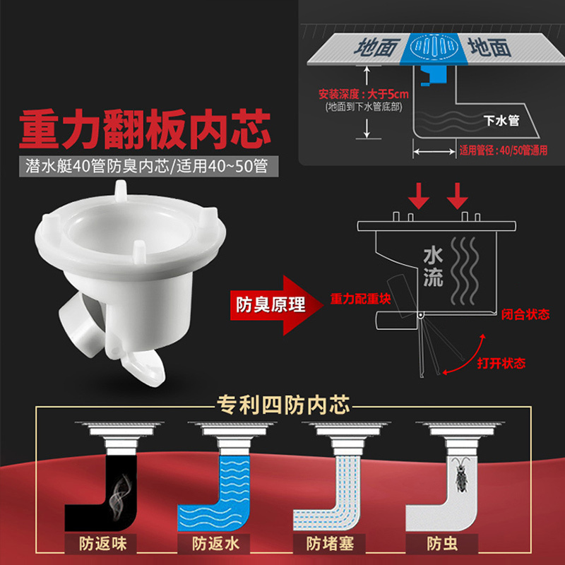 苏宁宜品纯铜防臭地漏 防堵地漏滤网铜质防臭式TF40-10 通用管道 3寸面板旗舰店正品