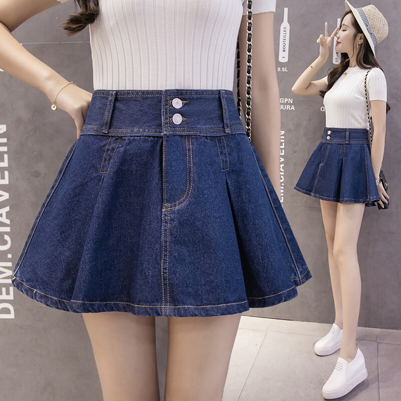 夏季新款韩版大码防走光牛仔短裙裤裙女显瘦a字百褶裙半身裙伞裙蓝色