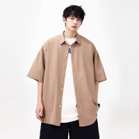 啄木鸟冰丝短袖衬衫男2025新款夏季宽松半袖黑色休闲外穿衬衣服K