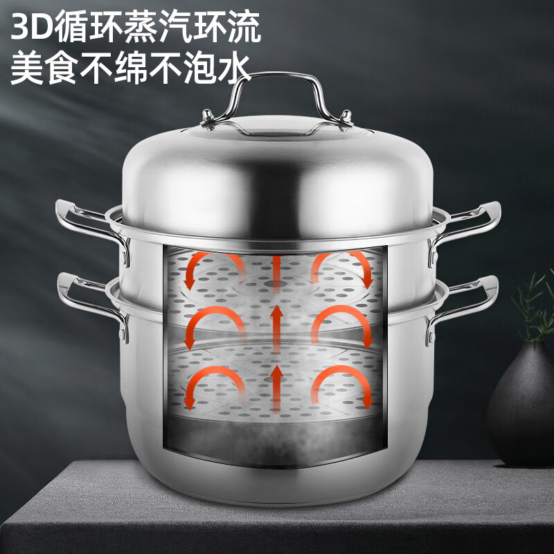 乐厨贺鲤 加厚不锈钢锅三层蒸锅 复底双层不锈钢蒸锅汤锅28CM高清大图