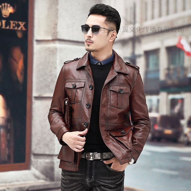 举翼王子新款海宁真皮皮衣男头层牛皮短款韩版修身翻领皮夹克中年夹克外套图片
