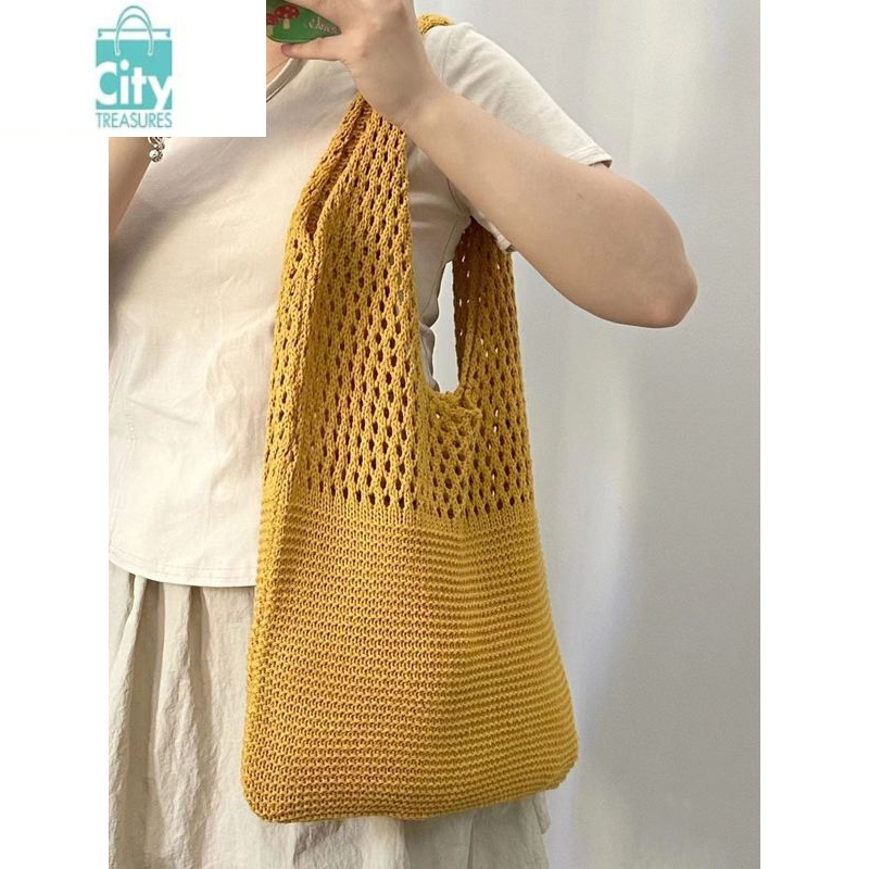 bangdou韩国chic简约复古镂空针织手提包单肩包女背心包ins毛线包购物