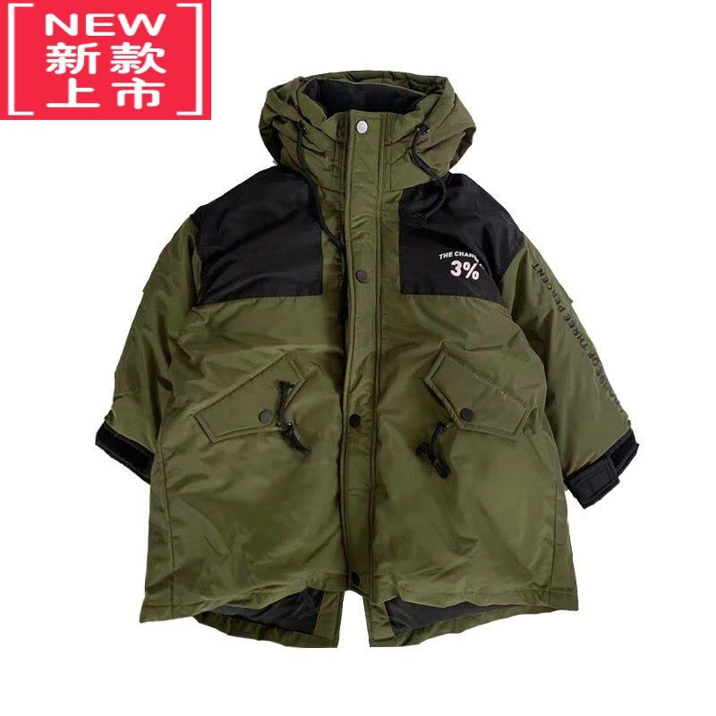 可莉允小小郑儿童冬装外套帅气工装风宝宝棉袄过膝中长款军绿色男童棉服图片