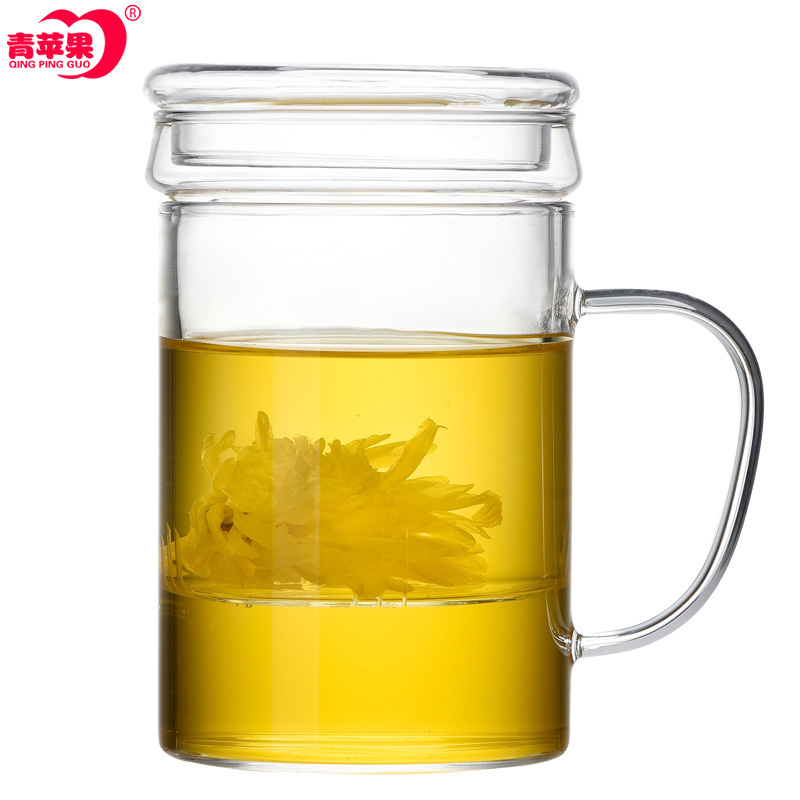 青苹果高硼耐热玻璃杯 450ml办办公室茶杯杯茶水分离泡茶杯带把盖花茶杯家用杯子 情侣杯过滤透明花茶杯玻璃水杯