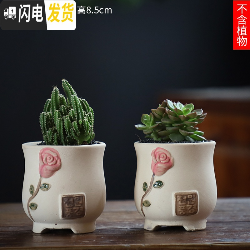 三维工匠可画画上色彩多肉小花盆陶瓷特价清仓粗陶透气创意肉肉植物盆 咖杏色图片款【2个装】 中等_14