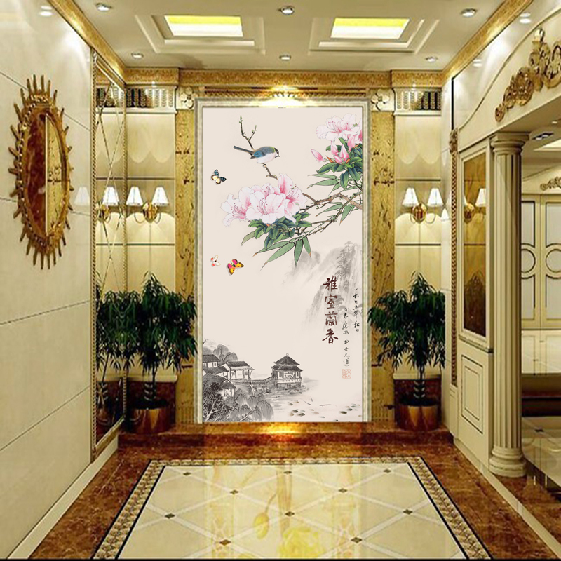 无缝中式个性定制壁画百福图玄关走廊山水花鸟背景墙沙墙布墙纸壹德壹