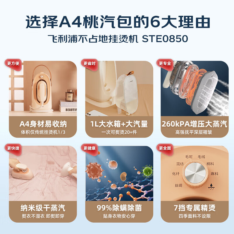 飞利浦(PHILIPS) 家用熨烫机电熨斗 不占地免收纳 增压蒸汽 手持挂烫机 桃汽包 挂烫标杆 STE0850/50高清大图