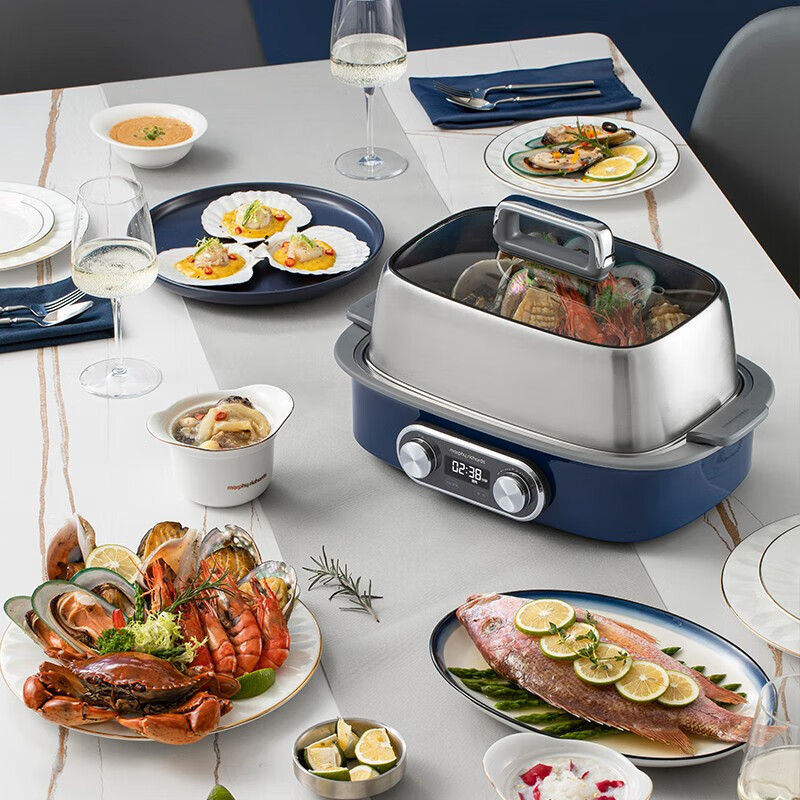 摩飞(Morphyrichards)多功能锅 家用蒸炖锅电蒸锅电炖锅蒸煮锅可预约 6升容量双炖盅 MR1168 蓝色高清大图