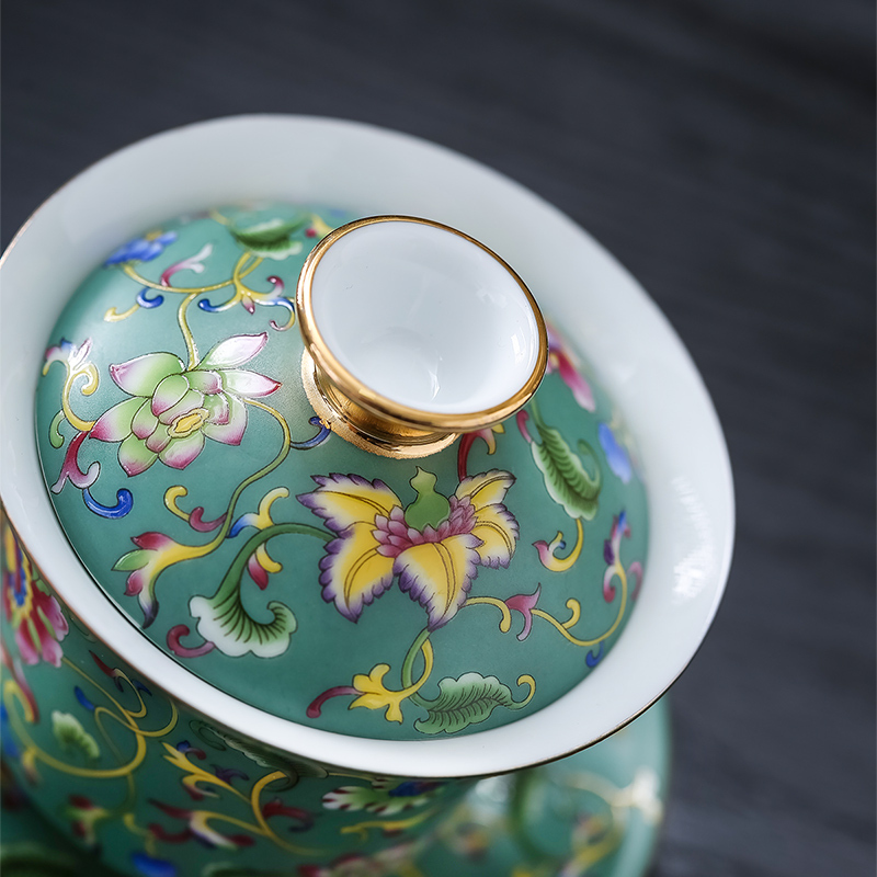 茶杯三才泡茶碗满彩景德镇风格陶瓷功夫茶具单品繁华珐琅彩盖碗孔雀绿