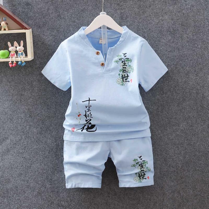 童装男童汉服套装宝宝棉麻亚麻套装夏季儿童唐装中国风小孩衣服 浅蓝色 颜色比图片偏深 80 建议身高55-70
