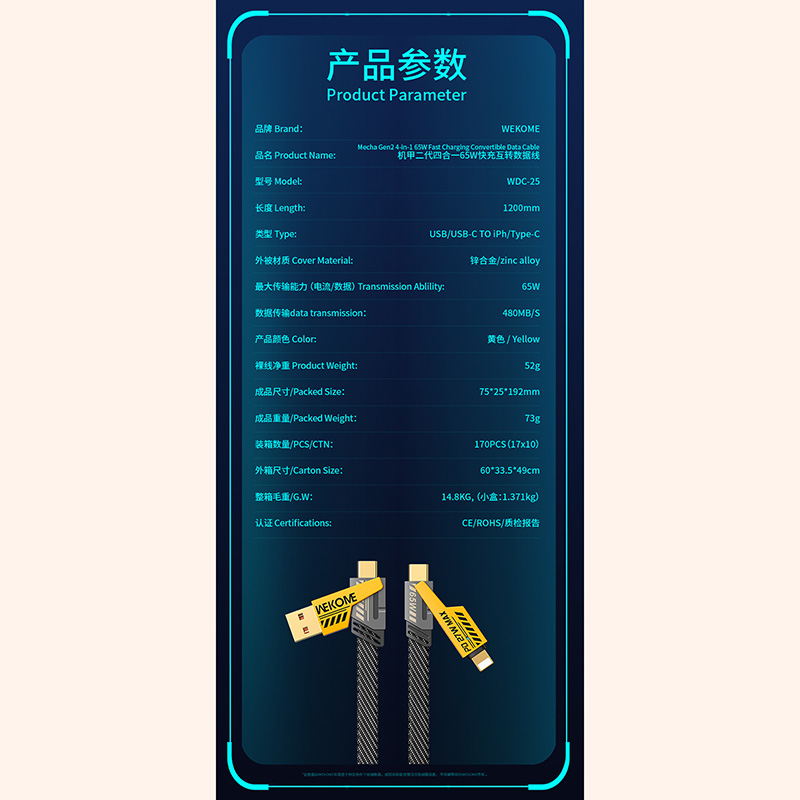 WEKOME维品特机甲二代四合一65W快充互转数据线 WDC-25高清大图