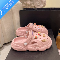 SUNTEK踩屎感中跟厚底洞洞鞋女夏季ins潮外穿防滑网红松糕软底沙滩凉鞋 粉红色鞋带无米老鼠 37/38正常码数