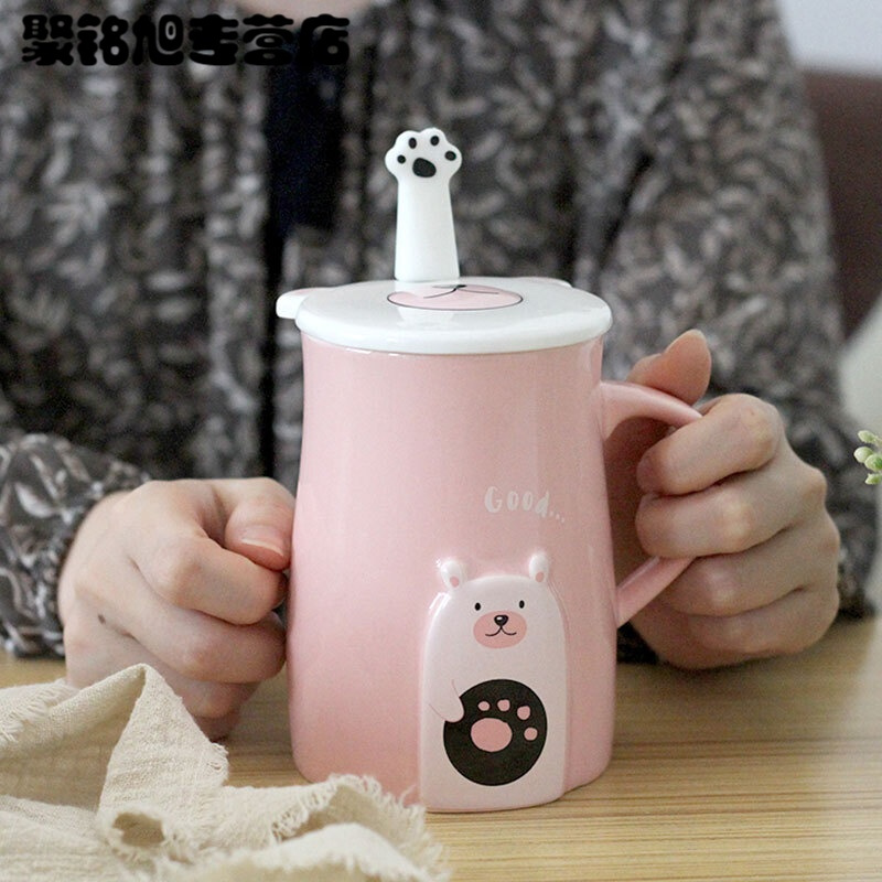创意卡通杯子陶瓷杯咖啡牛奶杯情侣杯大容量水杯可爱马克杯带盖勺