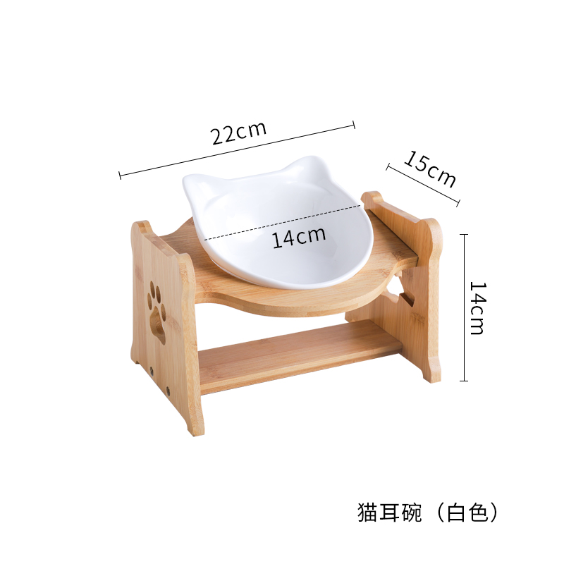 猫碗宠物用品碗陶瓷双碗食盆防打翻木架护颈吃饭喝水斜口碗猫咪碗 猫耳单碗+木架+纯白色 高度调节大小通用