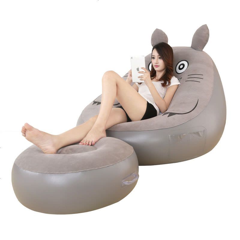 买一送四懒人时尚休闲龙猫充气沙发床可爱创意午休椅可折叠榻榻米 龙猫单个沙发+充气泵图片