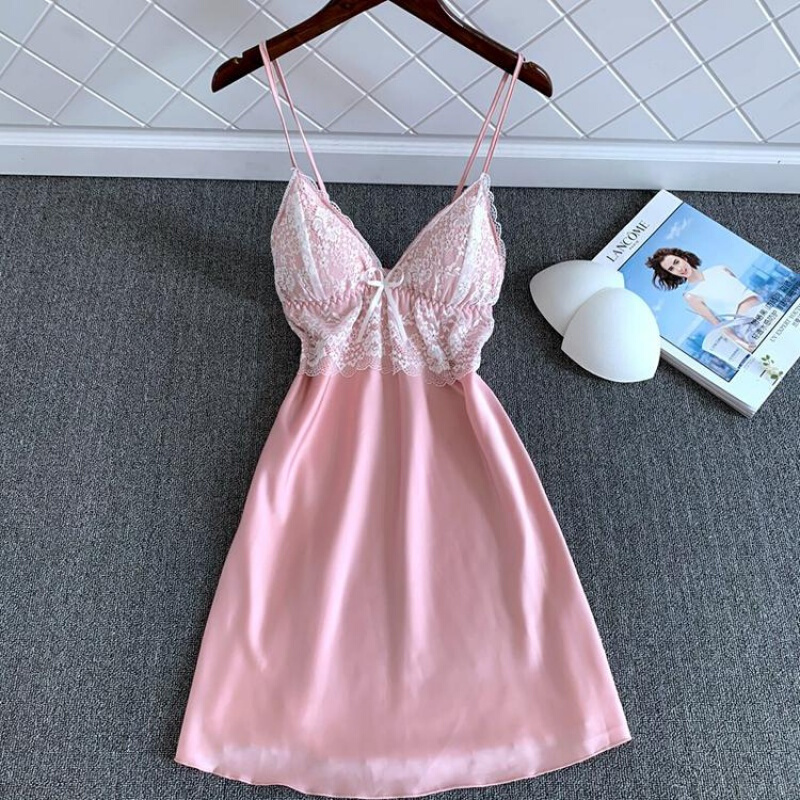 带胸垫睡裙夏天夏季性感睡衣女夏冰吊带睡裙聚拢小胸薄款蕾丝抹胸韩版