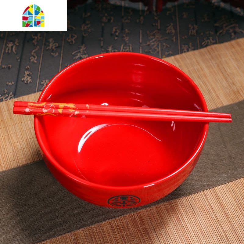 日式陶瓷红色面碗大汤碗红碗结婚碗筷套装情侣对碗喜庆礼品碗筷勺 FENGHOU 5英寸一个送筷子图片