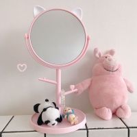 韩风ins猫耳朵台式高清化妆镜子宿舍房间桌面收纳少女公主梳妆镜 耳朵台式镜子-粉色
