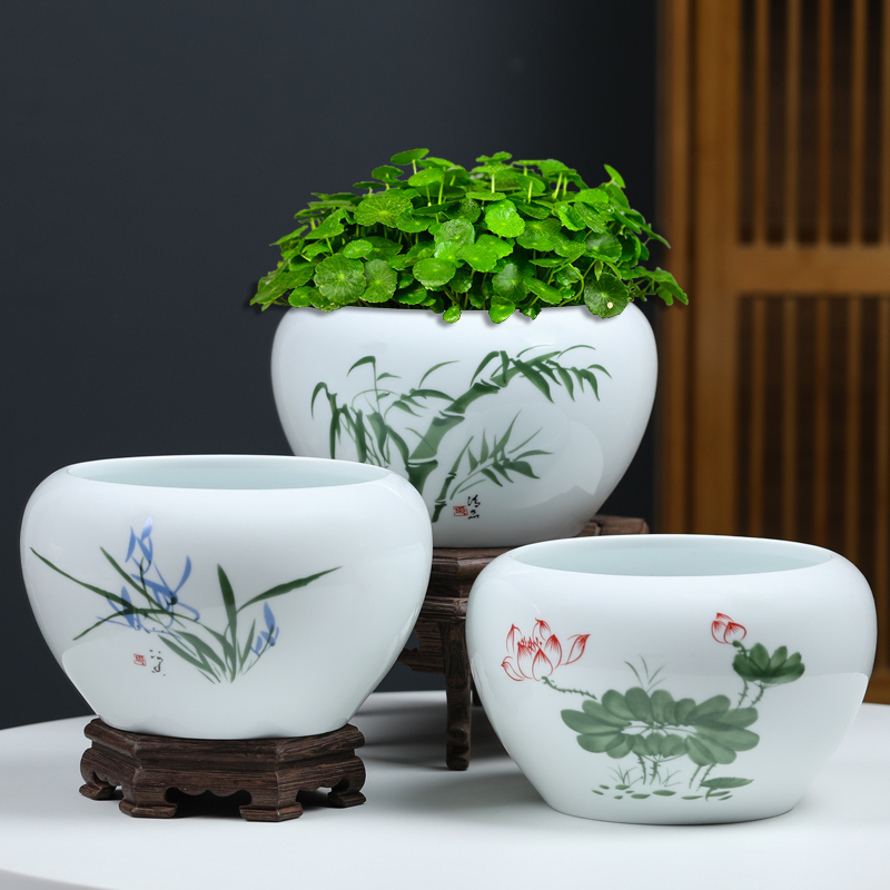 铜钱草花盆水仙盆睡莲碗莲无孔金钱陶瓷特价清仓荷花小鱼缸茶洗盆