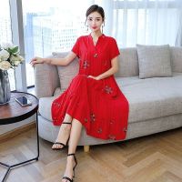民族风夏季棉绸长款绣花连衣裙2020新款大码宽松时尚中老年妈妈装 红色 911潇 XL 建议95-120