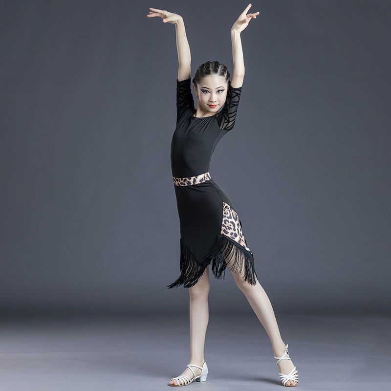 新款儿童拉丁舞流苏裙夏季练功服短袖女童跳舞裙少儿比赛演出服装夏款