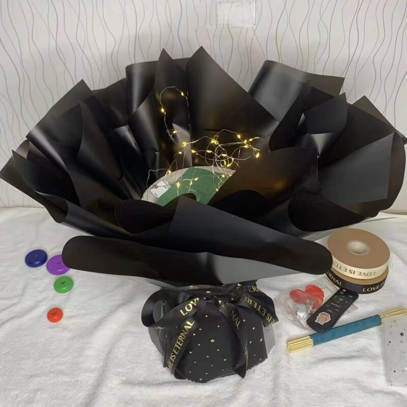 维诺亚花束半成品免包装DIY花束外壳情人节创意生日礼物手工花束零食烟 黑色大号花筒竹签+灯+贺卡胶