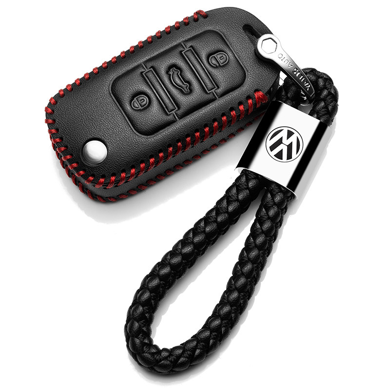 【补贴10%】2017款大众途观专用丝绸之路15/16款真皮钥匙包汽车钥匙保护套扣汽车钥匙包 E款黑红色+绳（途观一键启动全包）