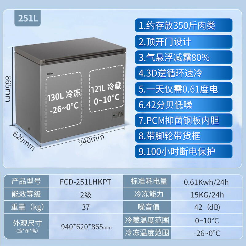 海尔冰柜家用无需除霜冷柜冷藏冷冻双温双箱冰柜 卧式商用冷冻柜 母婴母乳保鲜柜[新升级款]251升单门双温钛金灰防腐内胆