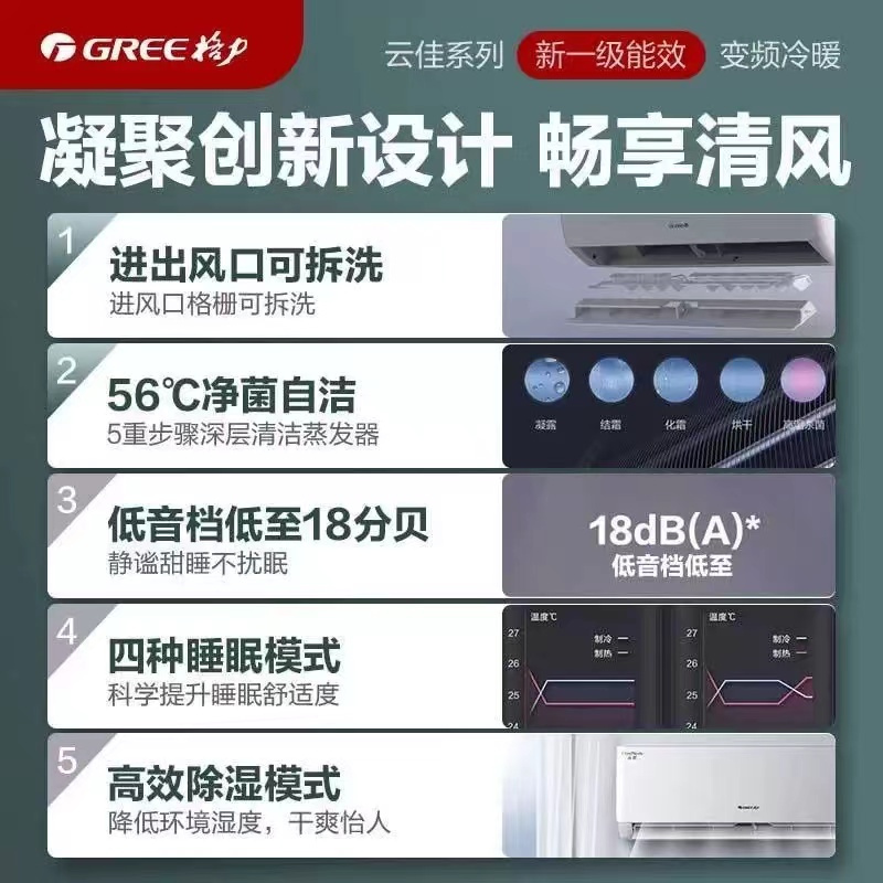 格力云佳新能效大1匹空调挂机省电变频 KFR-26GW/NhGd1B 冷暖家用节能一级能效挂壁式空调