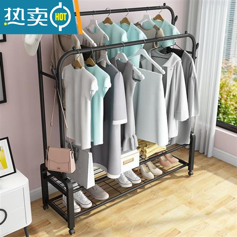 敬平家用晾衣架落地卧室小型凉挂衣架子简易宿舍室内折叠收纳晒衣服杆 黑色+1.35米-双钩高清大图