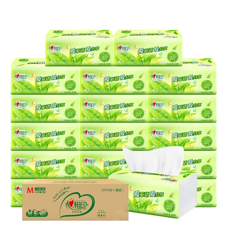 心相印 抽纸 茶语经典系列100抽三层塑装纸面巾18包/箱(M码)DT3100 (箱装)
