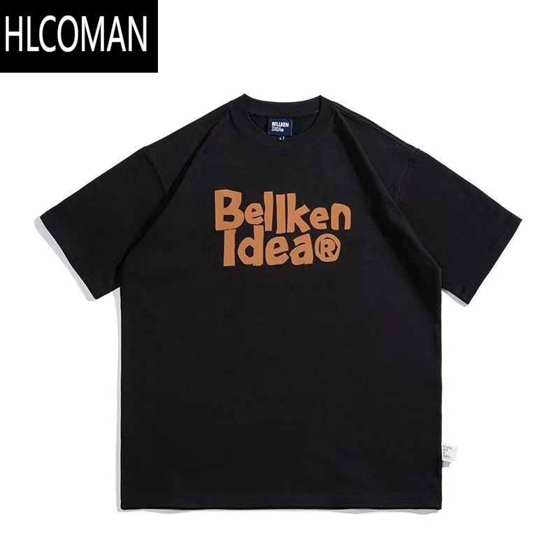 hlcoman日系休闲圆领260g字母印花t恤短袖男夏复古宽松潮牌情侣
